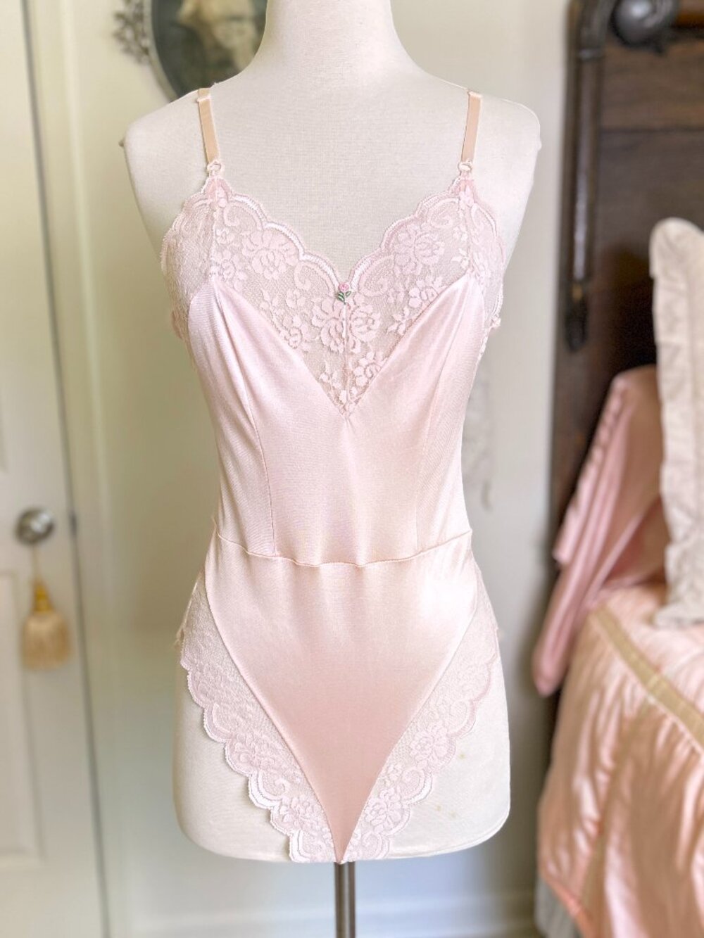 Vintage Pink Lace Teddy Lingerie, Rosette, Nylon Bodysuit, Romantic Bridal